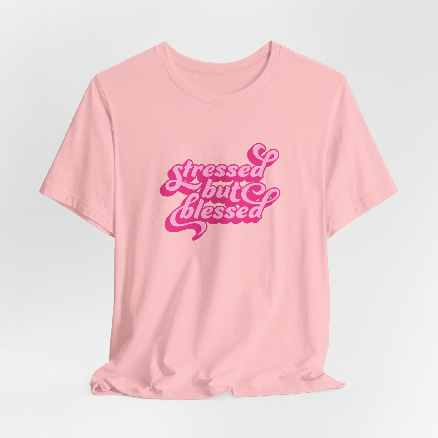 Stressed But Blessed Tee — Pink Retro Script Graphic T‑Shirt