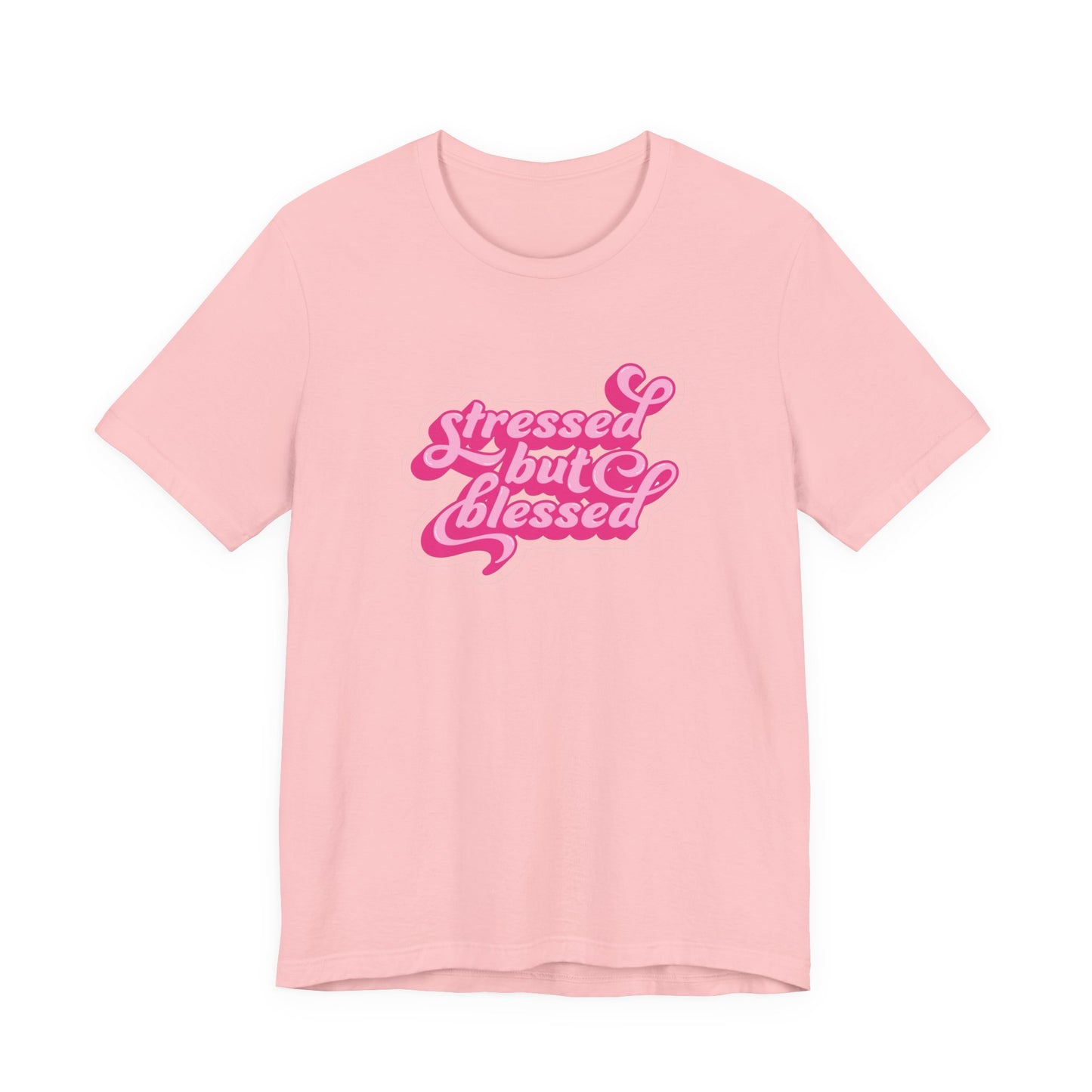 Stressed But Blessed Tee — Pink Retro Script Graphic T‑Shirt
