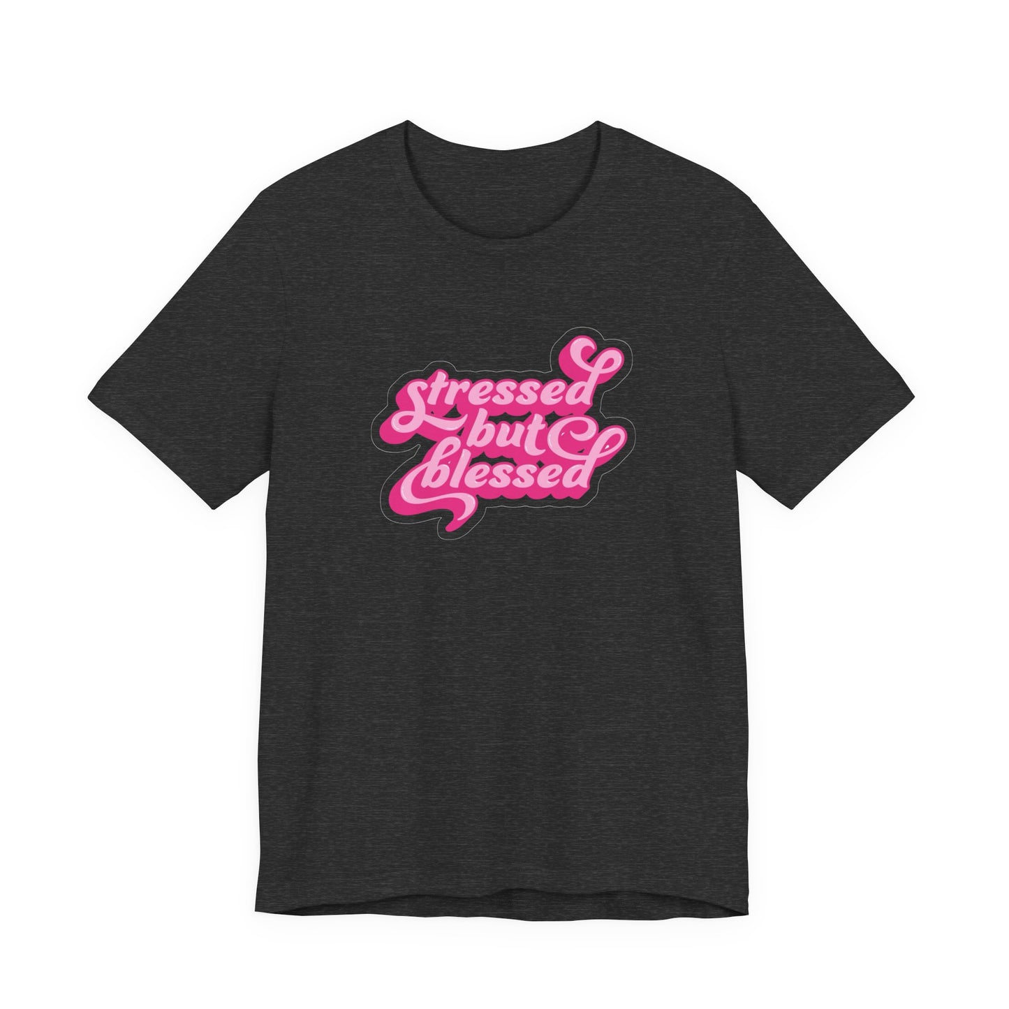 Stressed But Blessed Tee — Pink Retro Script Graphic T‑Shirt