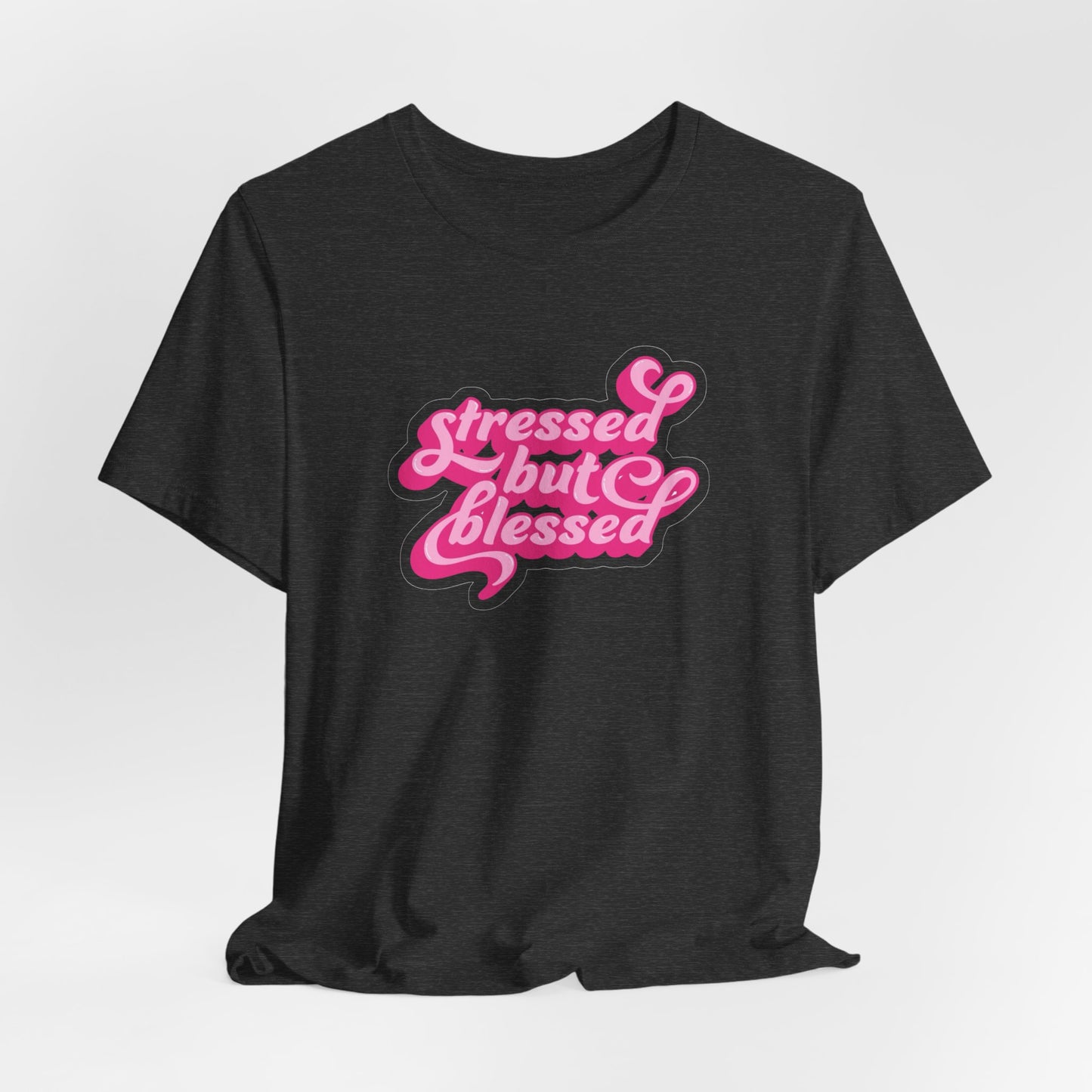 Stressed But Blessed Tee — Pink Retro Script Graphic T‑Shirt