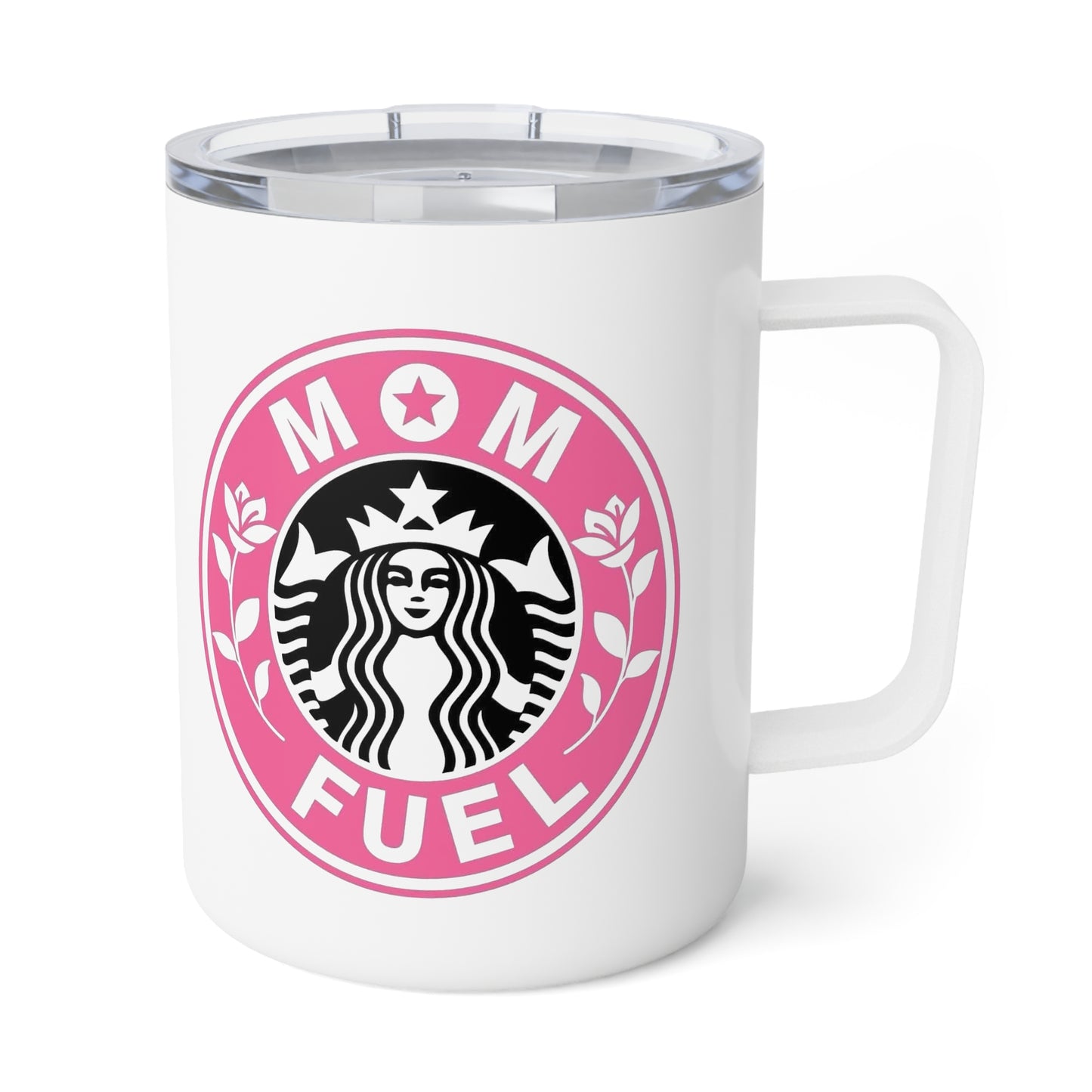 Insulated Coffee Mug — Pink Floral "Mom Fuel" Travel Tumbler, 10oz