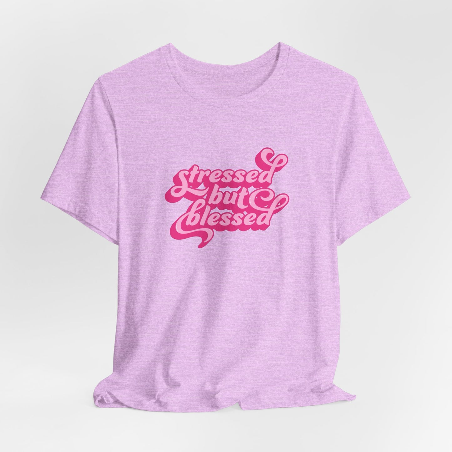 Stressed But Blessed Tee — Pink Retro Script Graphic T‑Shirt