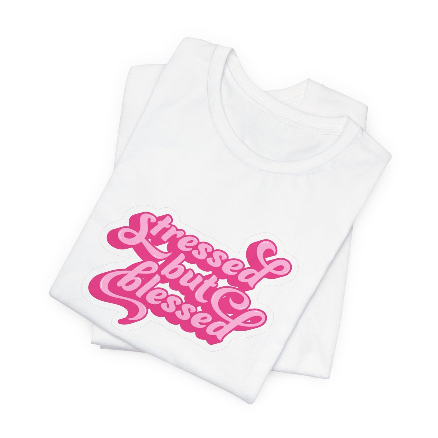 Stressed But Blessed Tee — Pink Retro Script Graphic T‑Shirt