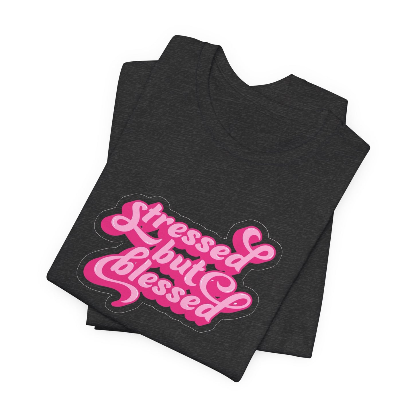 Stressed But Blessed Tee — Pink Retro Script Graphic T‑Shirt