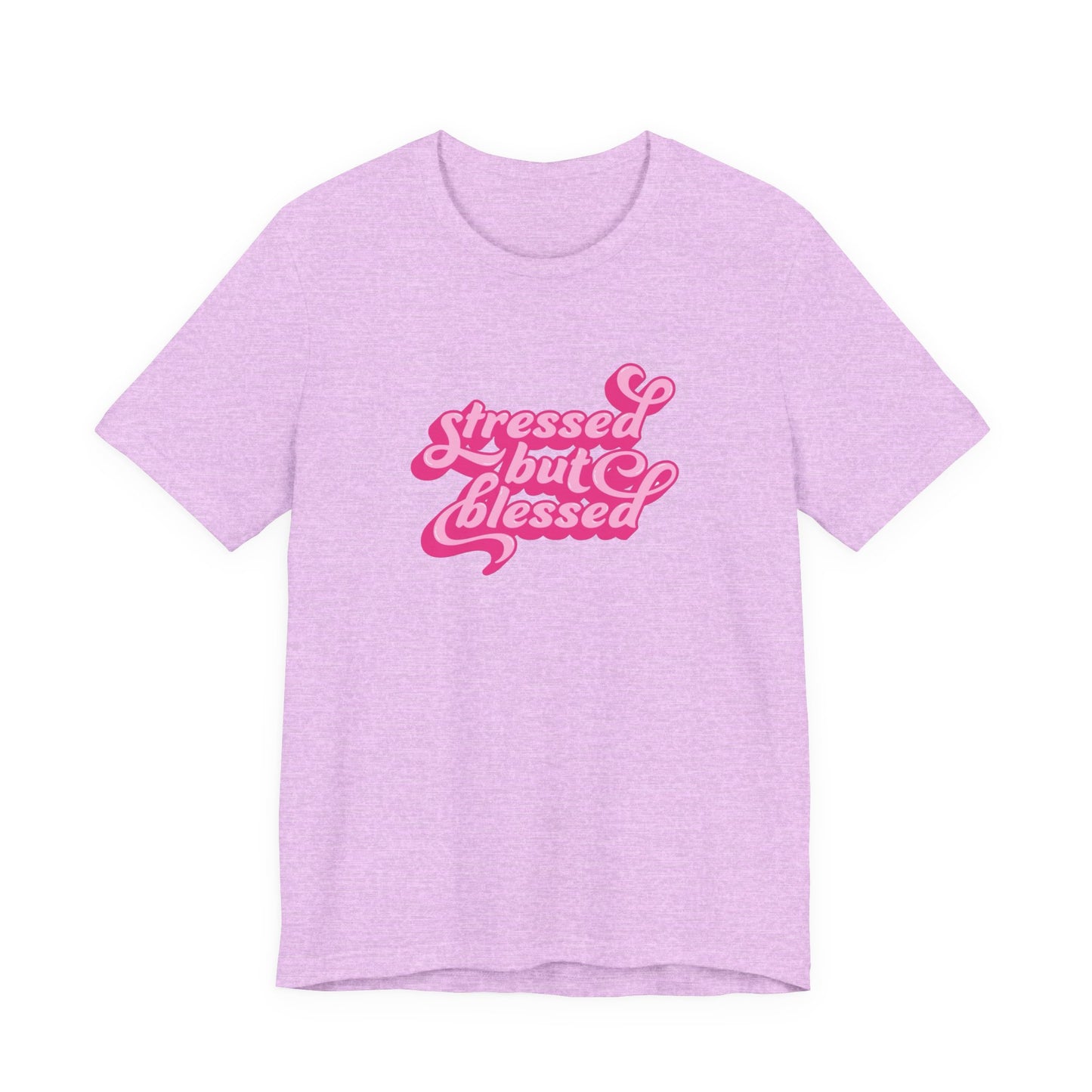 Stressed But Blessed Tee — Pink Retro Script Graphic T‑Shirt