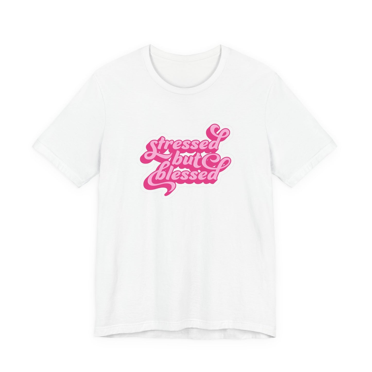 Stressed But Blessed Tee — Pink Retro Script Graphic T‑Shirt