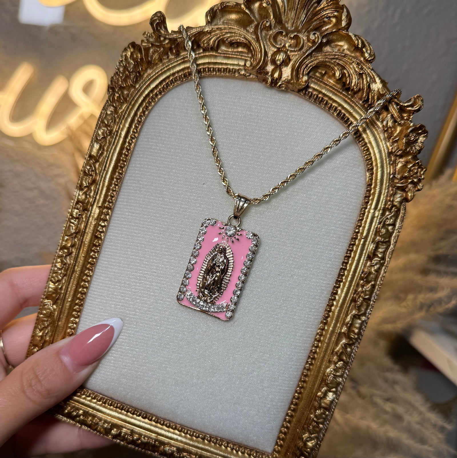 Virgin Mary, Guadalupe pendent, 20” chain, CZ diamonds