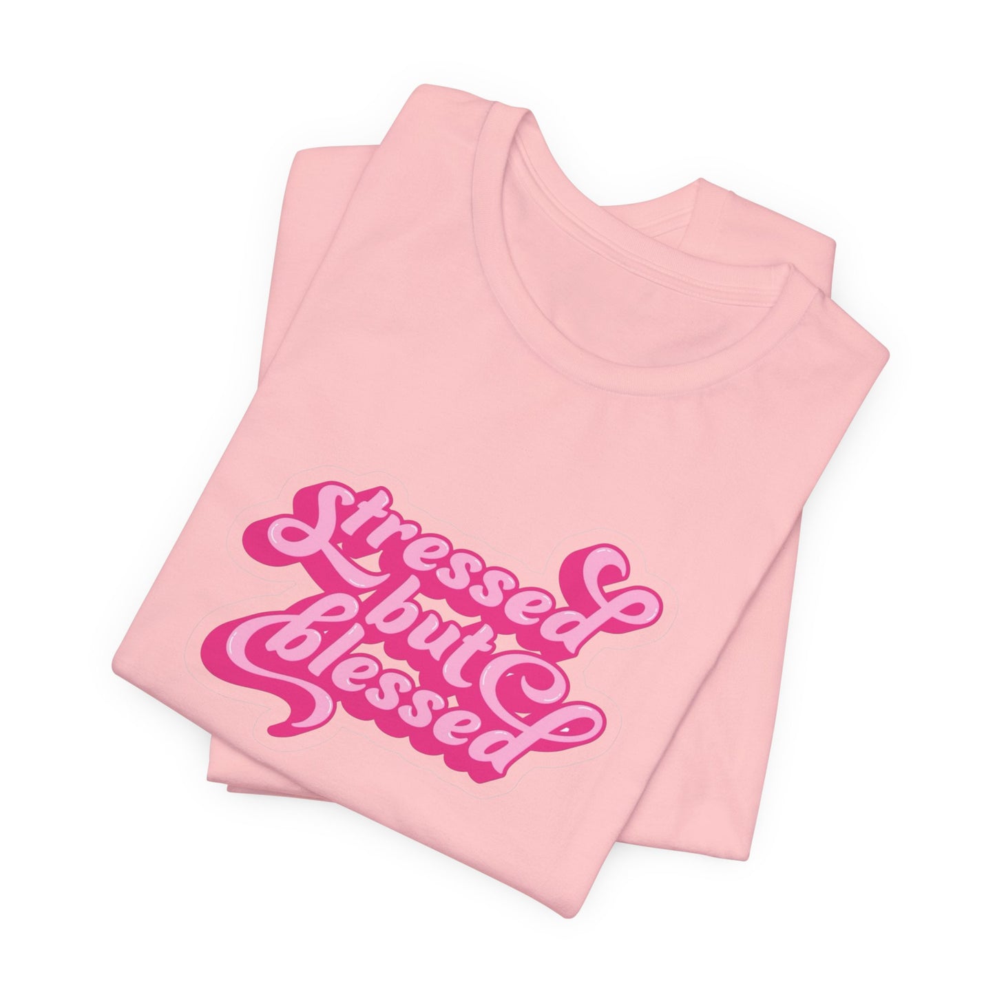 Stressed But Blessed Tee — Pink Retro Script Graphic T‑Shirt