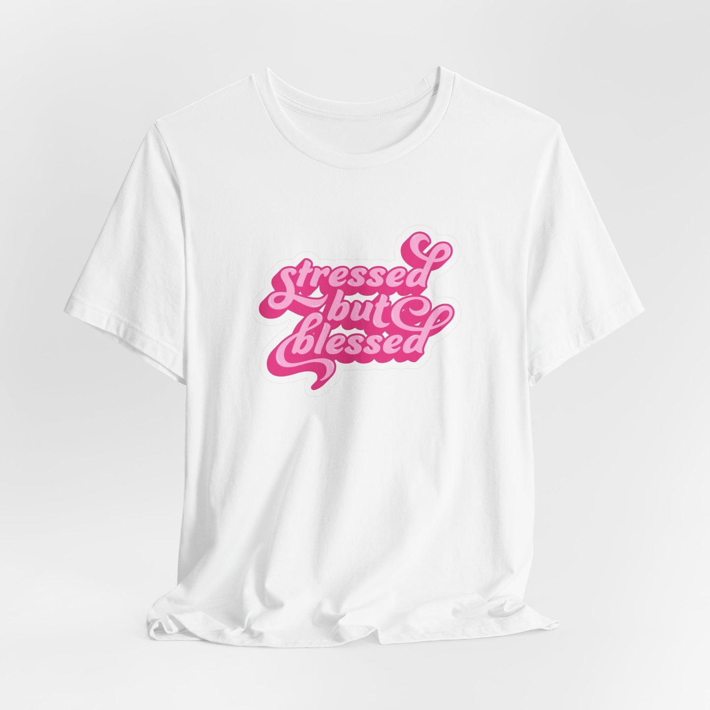 Stressed But Blessed Tee — Pink Retro Script Graphic T‑Shirt
