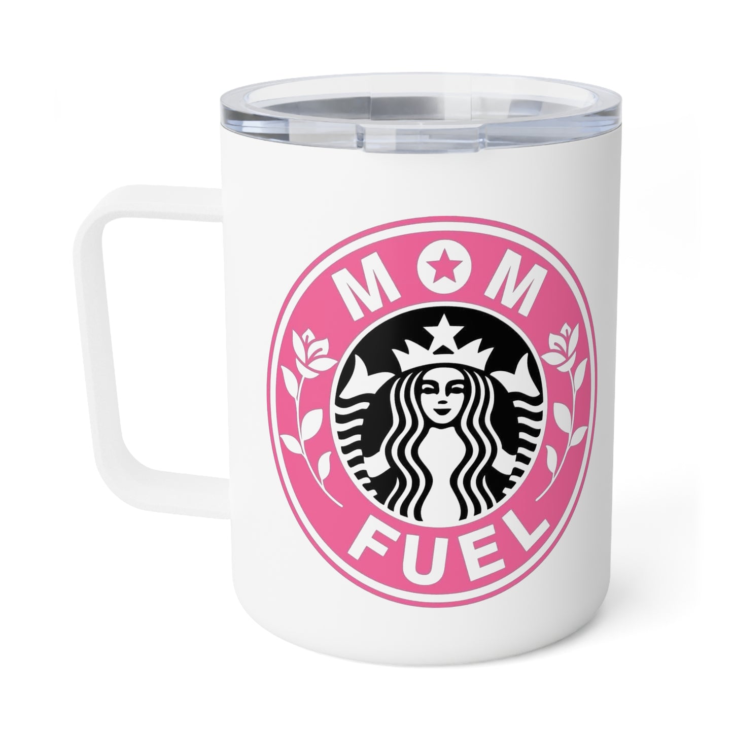 Insulated Coffee Mug — Pink Floral "Mom Fuel" Travel Tumbler, 10oz