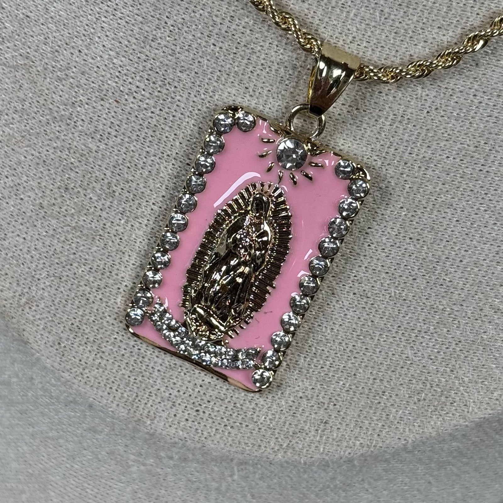 Virgin Mary, Guadalupe pendent, 20” chain, CZ diamonds