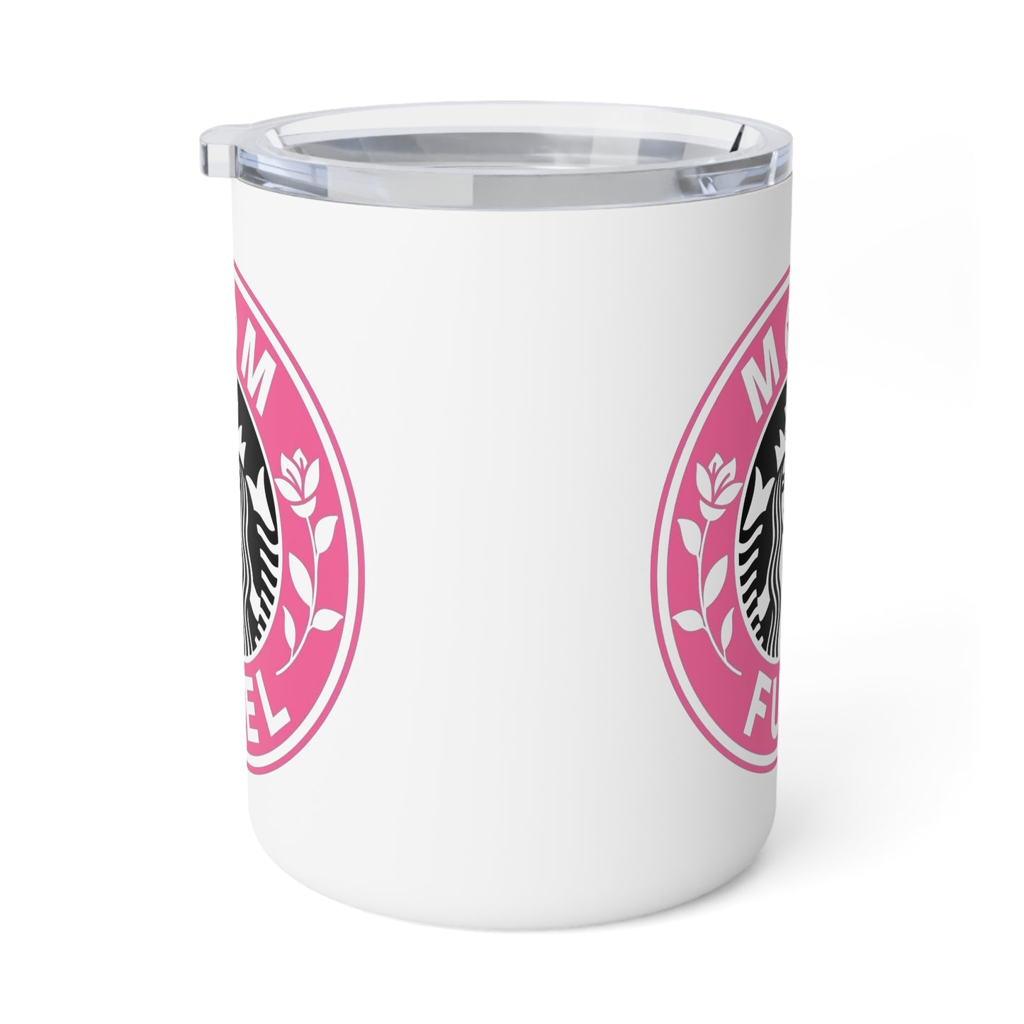 Insulated Coffee Mug — Pink Floral "Mom Fuel" Travel Tumbler, 10oz