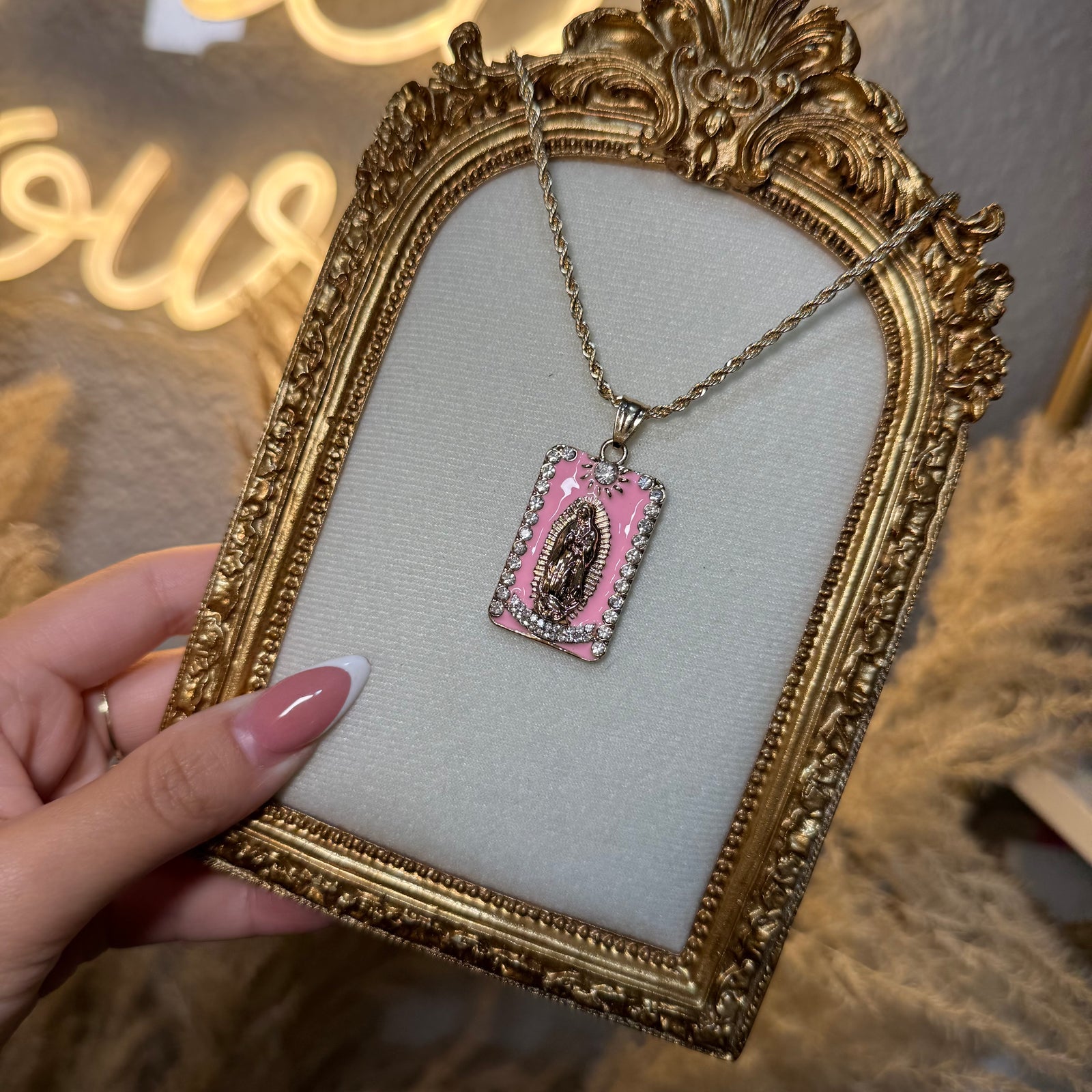 Virgin Mary, Guadalupe pendent, 20” chain, CZ diamonds
