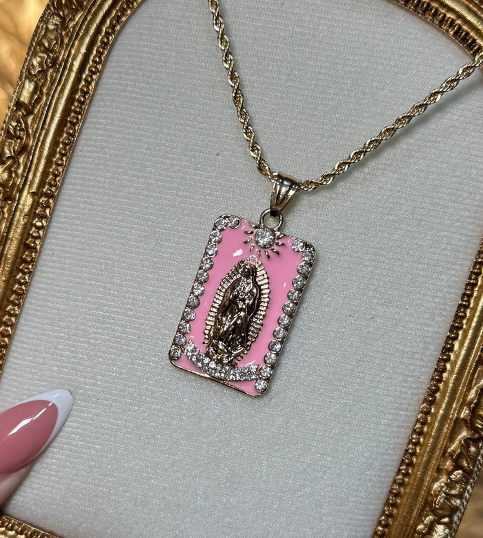 Virgin Mary, Guadalupe pendent, 20” chain, CZ diamonds