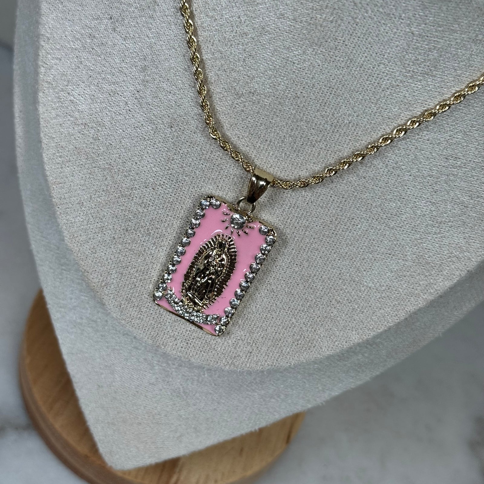 Virgin Mary, Guadalupe pendent, 20” chain, CZ diamonds