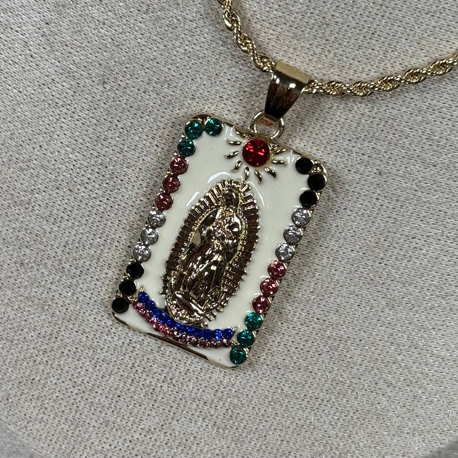 Virgin Mary, Guadalupe pendent, 20” chain, CZ diamonds